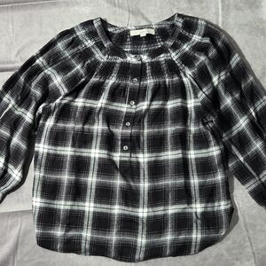 Loft Blouse Womens XS Long Sleeve Plaid Black White Henley Viscose Blend EUC